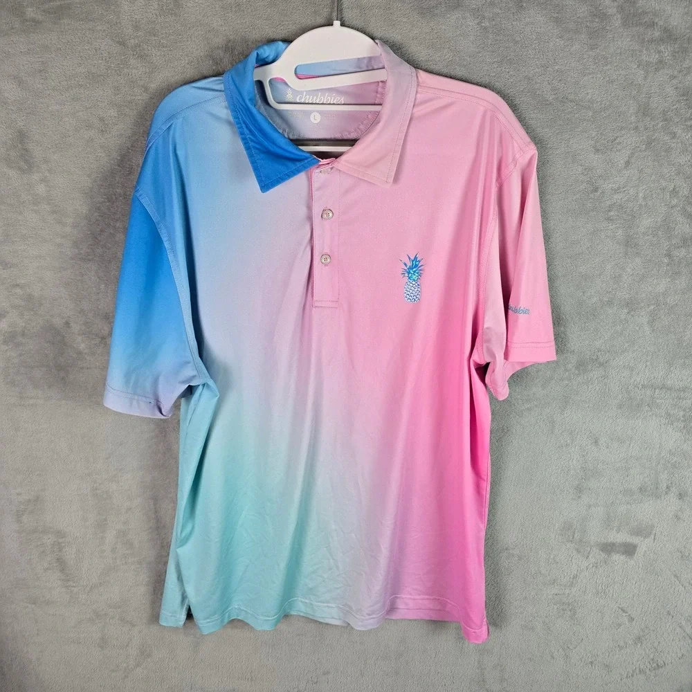 Chubbies Mens Large Pink Blue Ombre Pineapple Performance Polo Shirt SM23CA00106